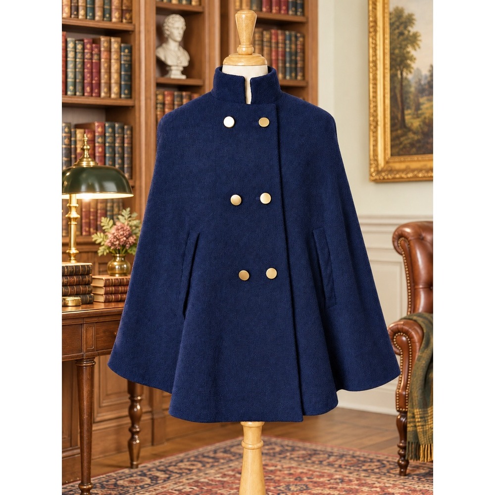 Vtg 70s Handmade Blue Cape Coat Mod Double Breasted Gold Buttons Arm Slits Goth